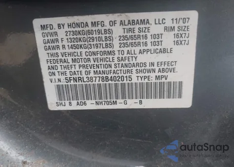 2008 Honda Odyssey Ex-L from USA, damaged, VIN 5FNRL38778B402015